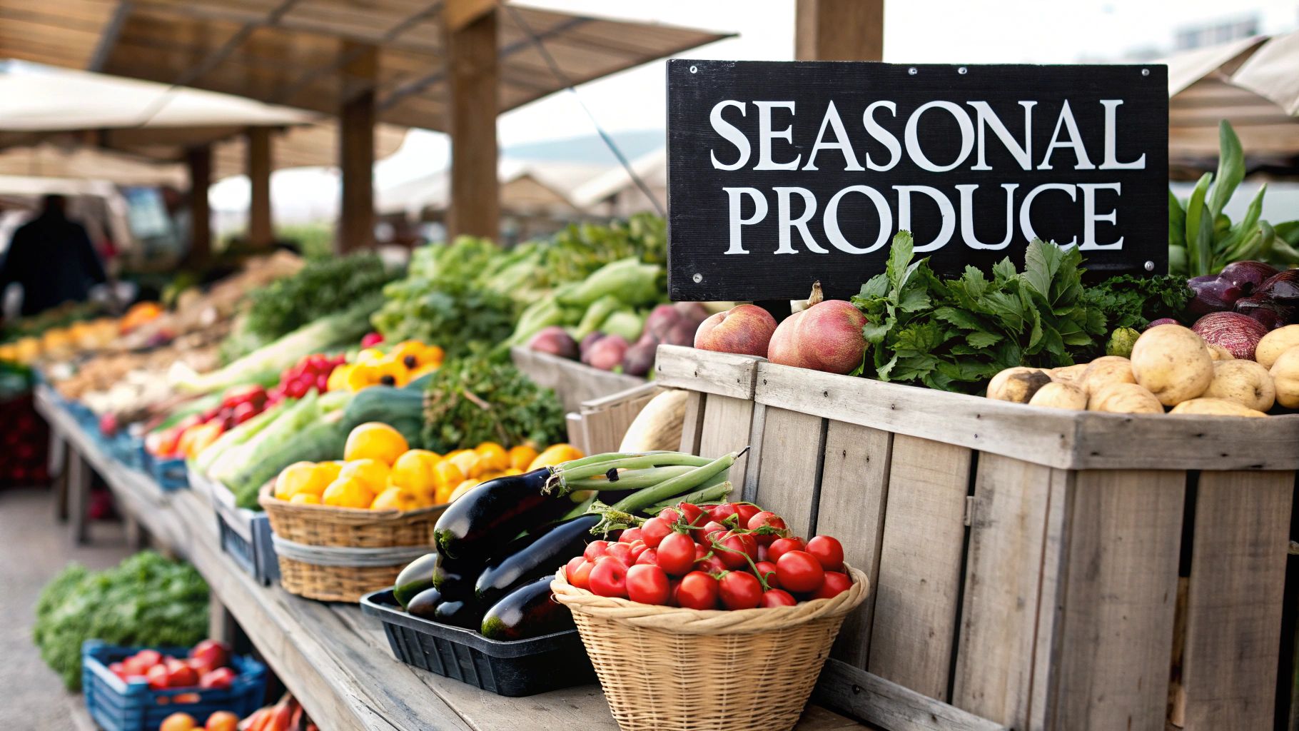 A person's hands holding a basket of colourful, fresh vegetables at a farmers market.