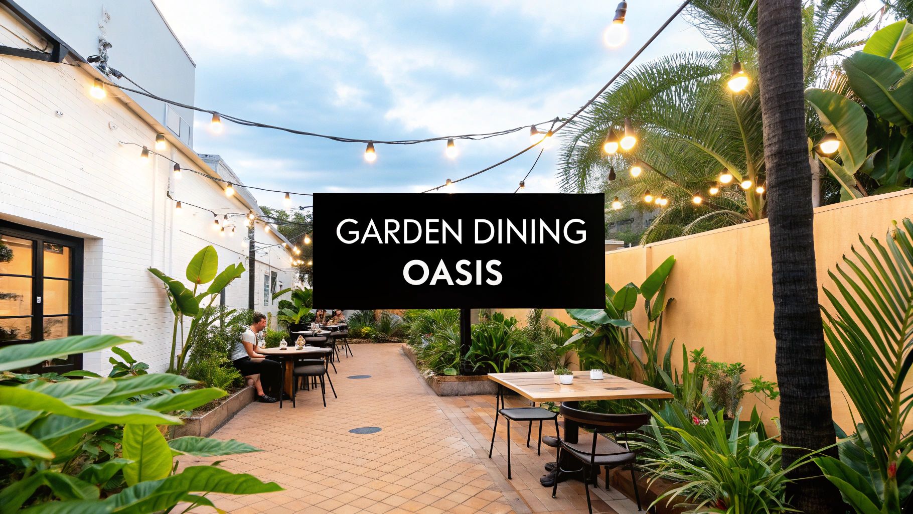 An inviting outdoor garden dining area with string lights, lush plants, tables, and chairs, under a cloudy sky.