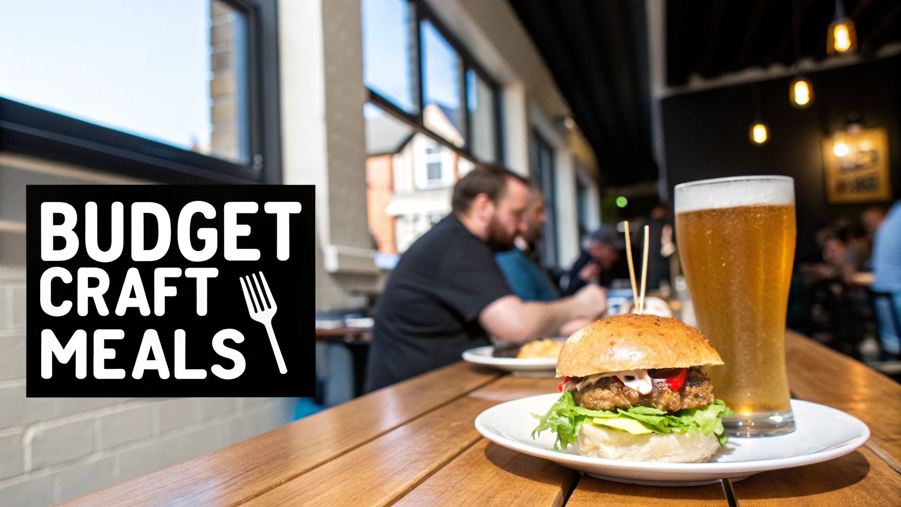 A burger and a glass of beer on a wooden table in a pub with 'Budget Craft Meals' text.