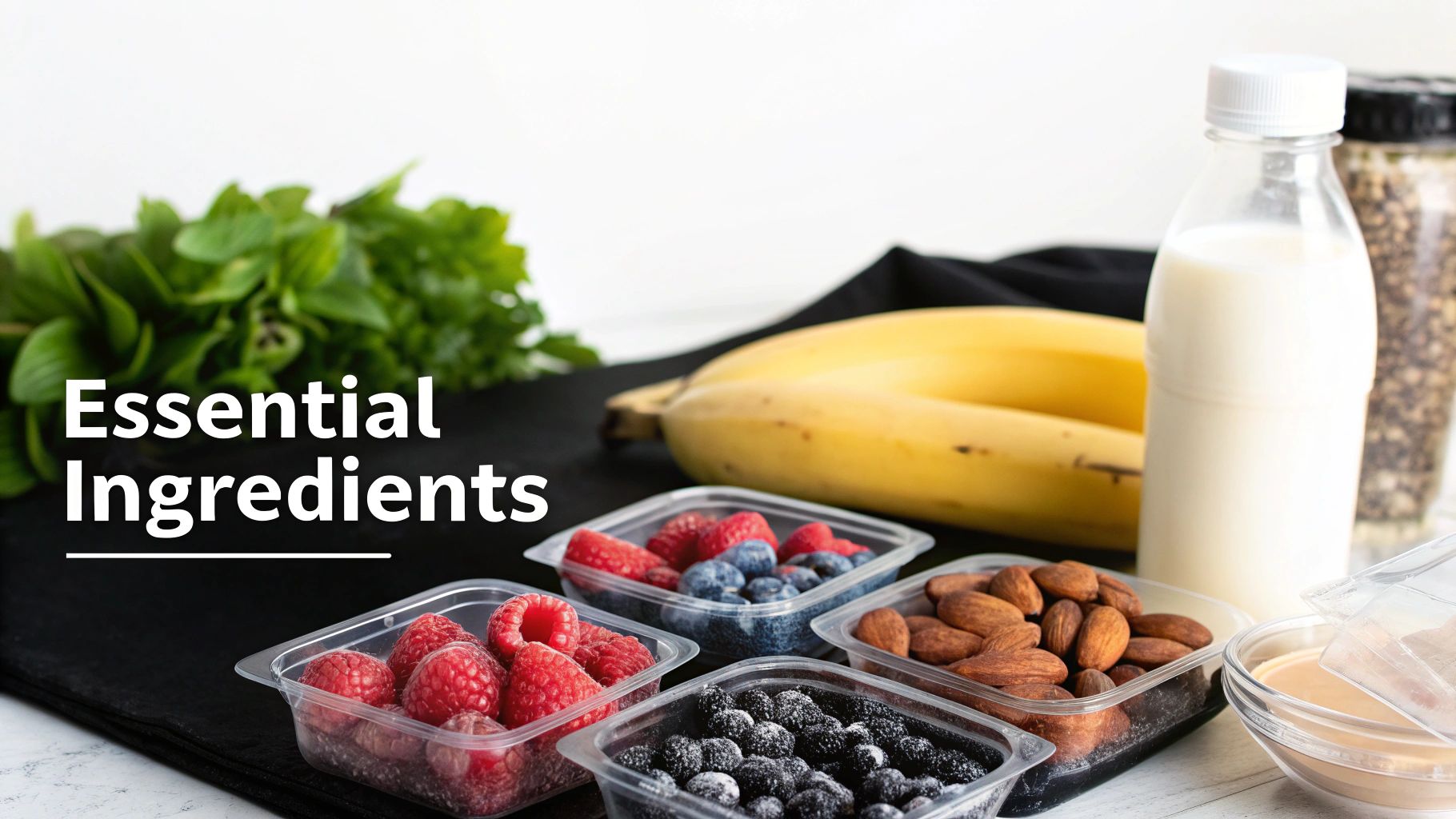 Fresh smoothie bowl ingredients including berries, bananas, almonds, milk, chia seeds and leafy greens