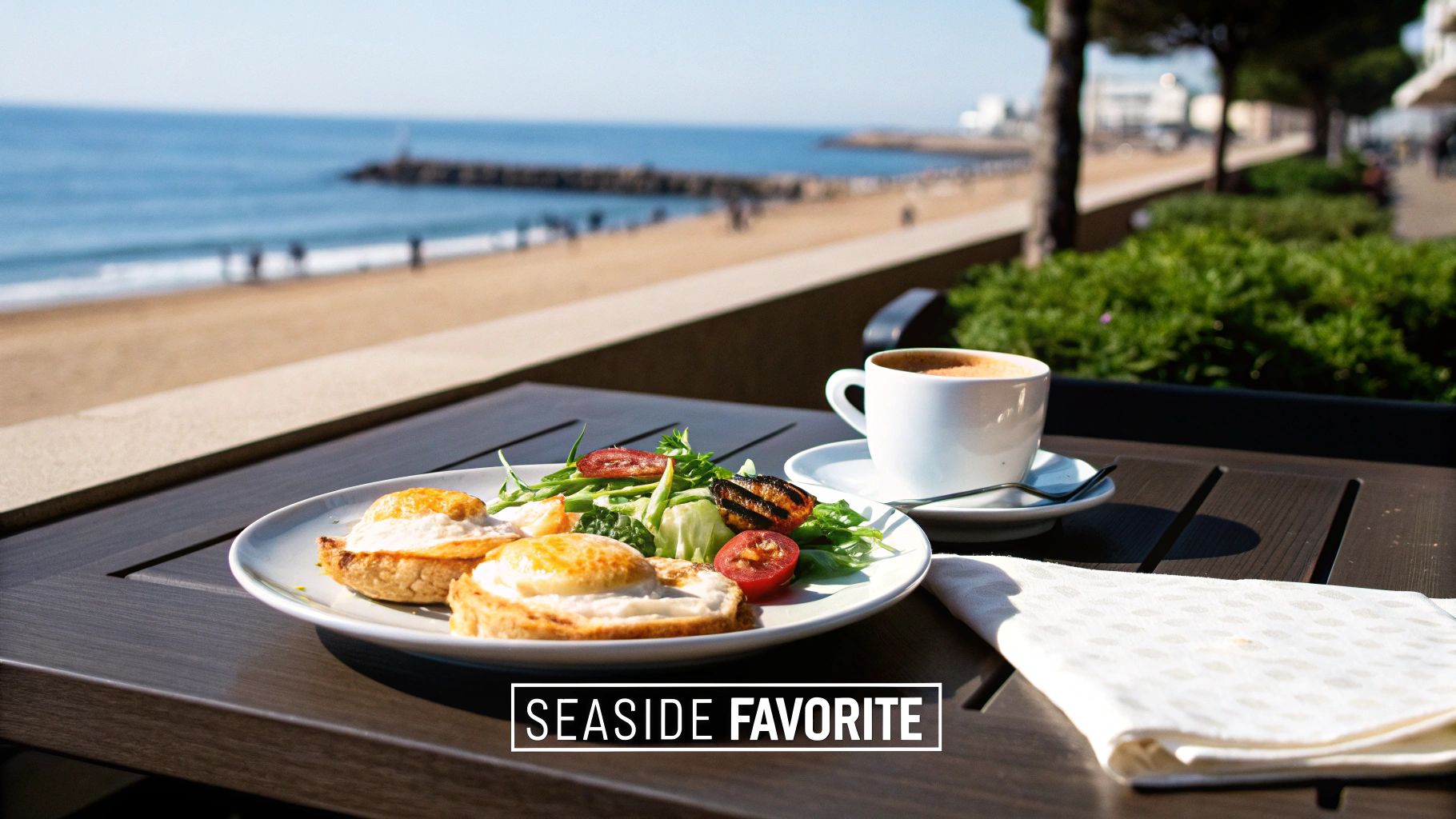 A refreshing breakfast with fried eggs on toast, a fresh salad, and coffee by the sunny beach.