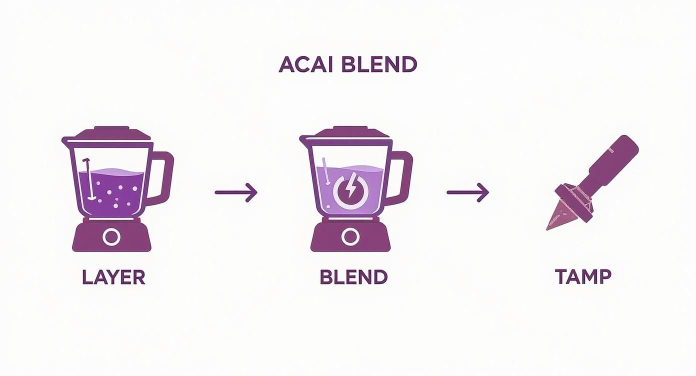 Three step process showing how to layer, blend, and tamp ingredients for acai bowls