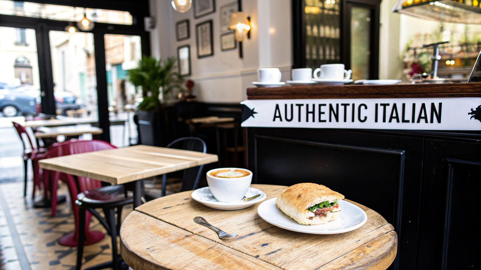A delicious coffee and sandwich on a wooden table in an authentic Italian cafe.