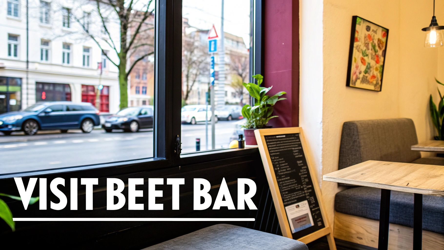Beet Bar interior showing window view of city street, cars, a menu board, and seating area.