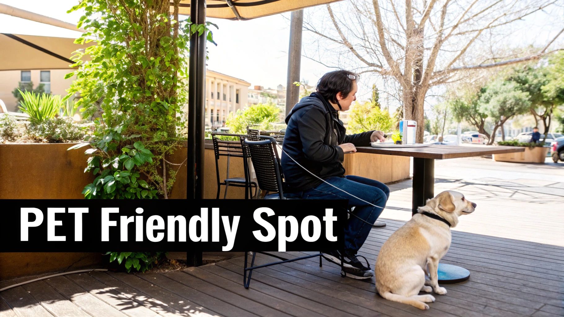 A person sitting at an outdoor pet-friendly cafe with their dog on a sunny day.