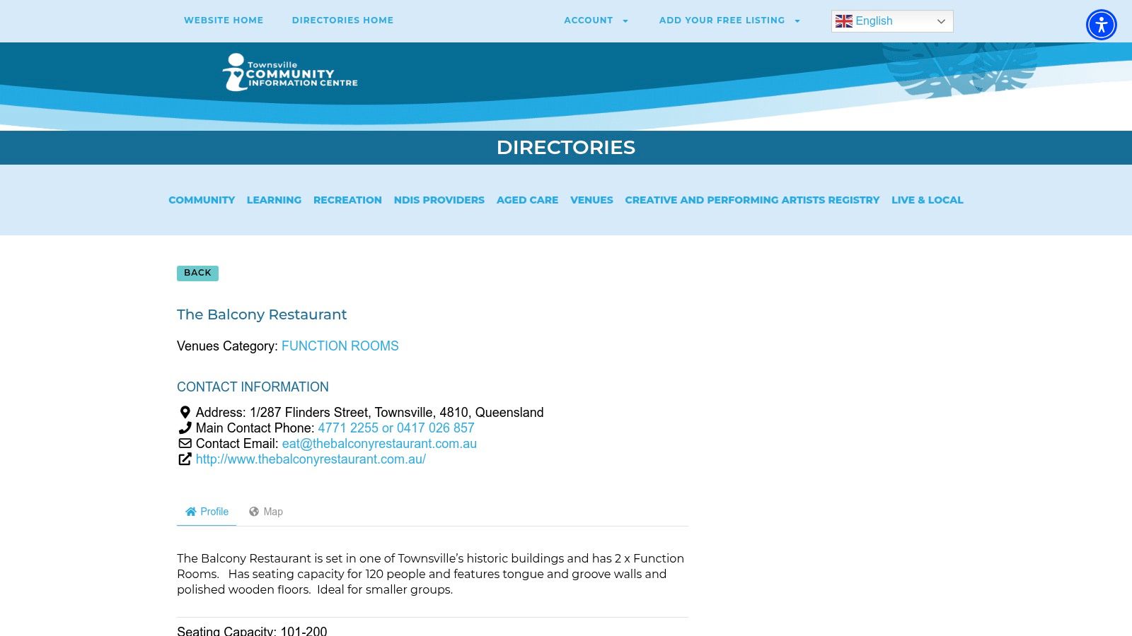 Community Information Centre Townsville — function venue listing