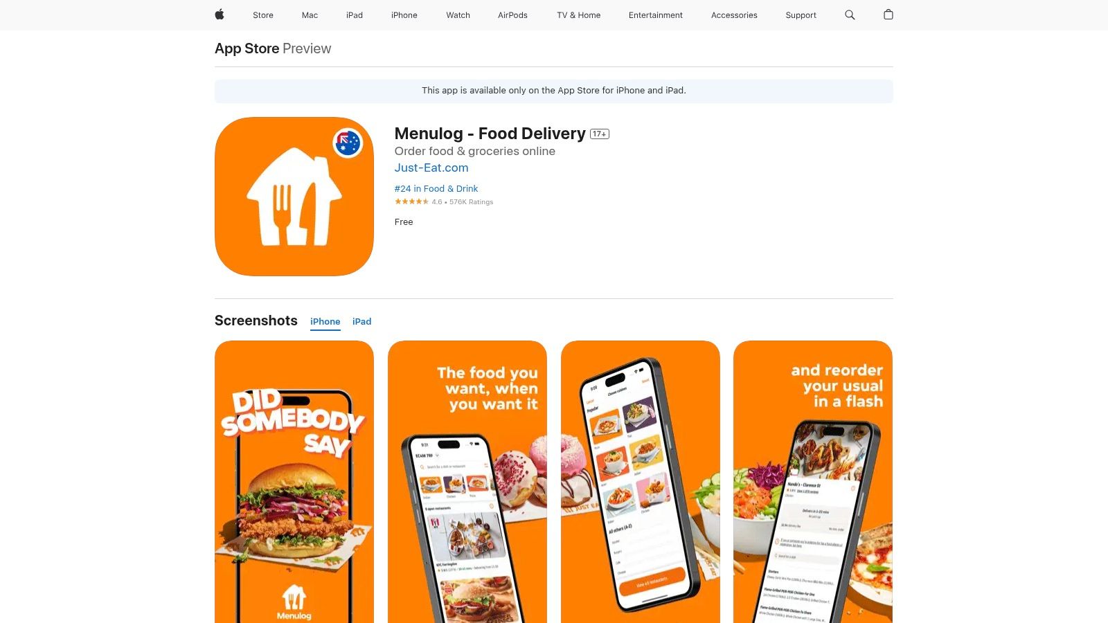 Apple App Store (Menulog iOS listing)