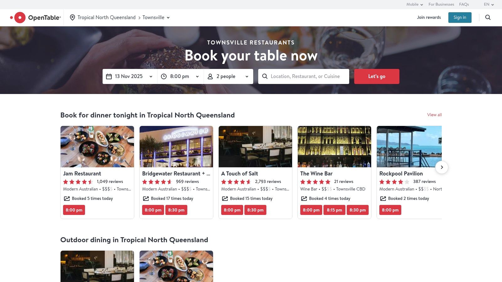 OpenTable (Townsville restaurant bookings)