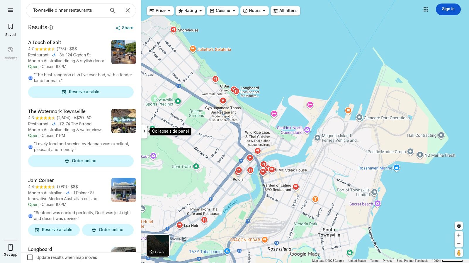 Google Maps – Townsville restaurants