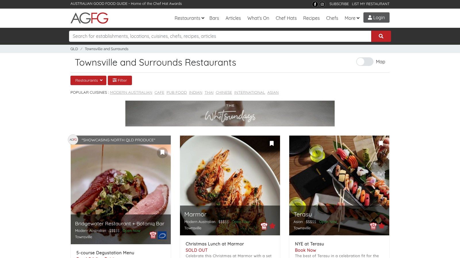 A screenshot of the Australian Good Food Guide website showing restaurant listings for Townsville.