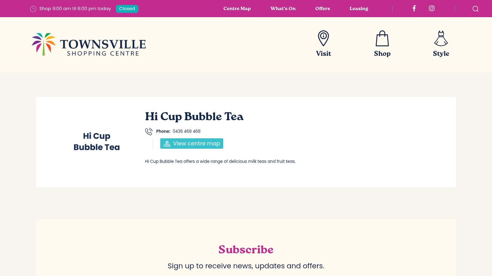 Hi Cup Bubble Tea kiosk inside Townsville Shopping Centre.