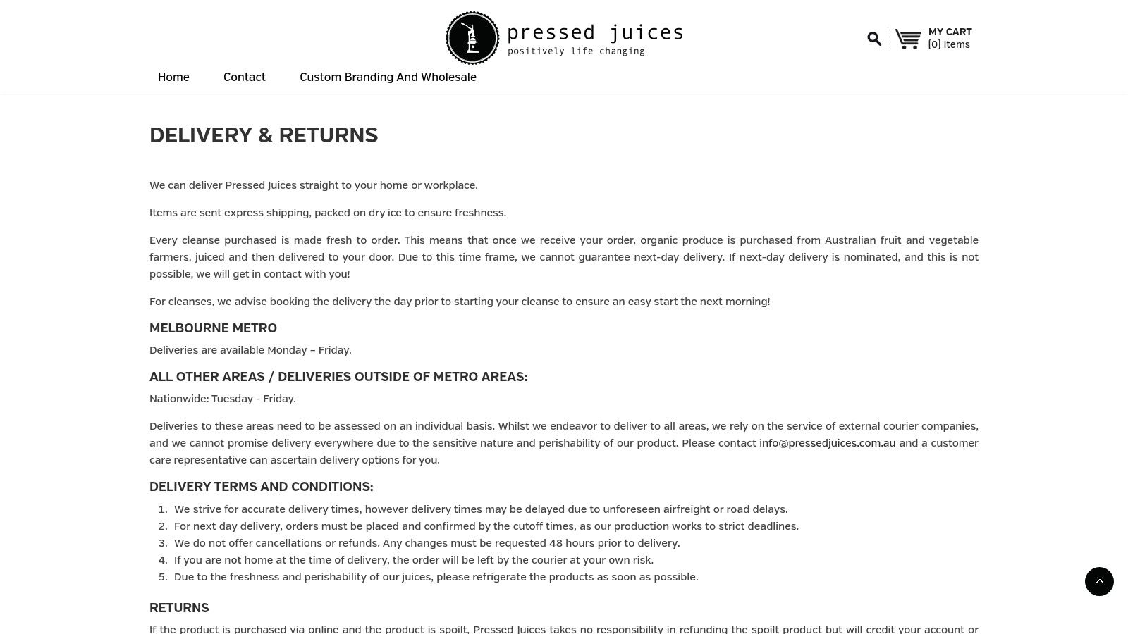 A webpage from the Pressed Juices website showing delivery details and shipping information.