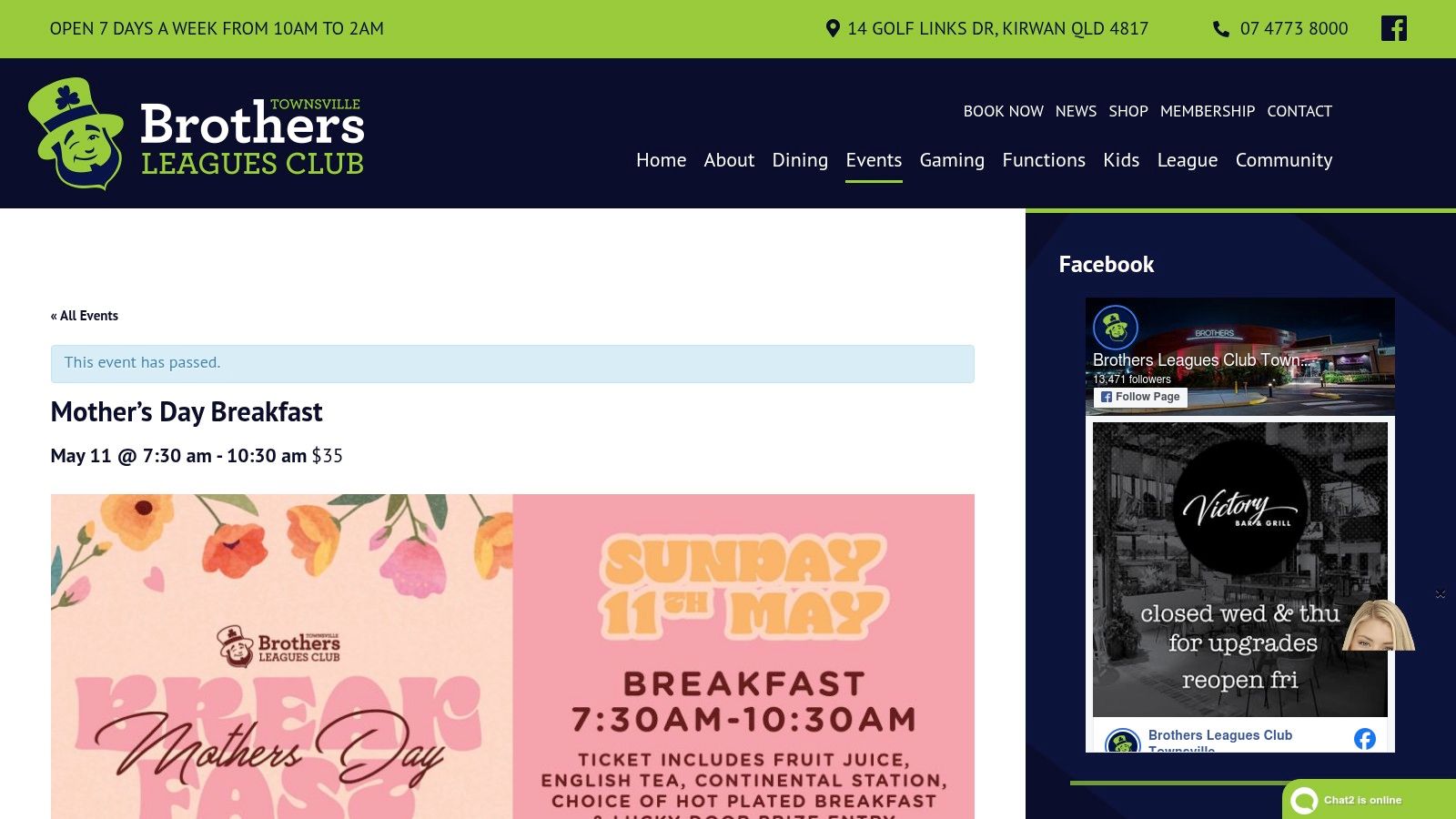 Brothers Leagues Club Townsville – Mother's Day Breakfast (event)