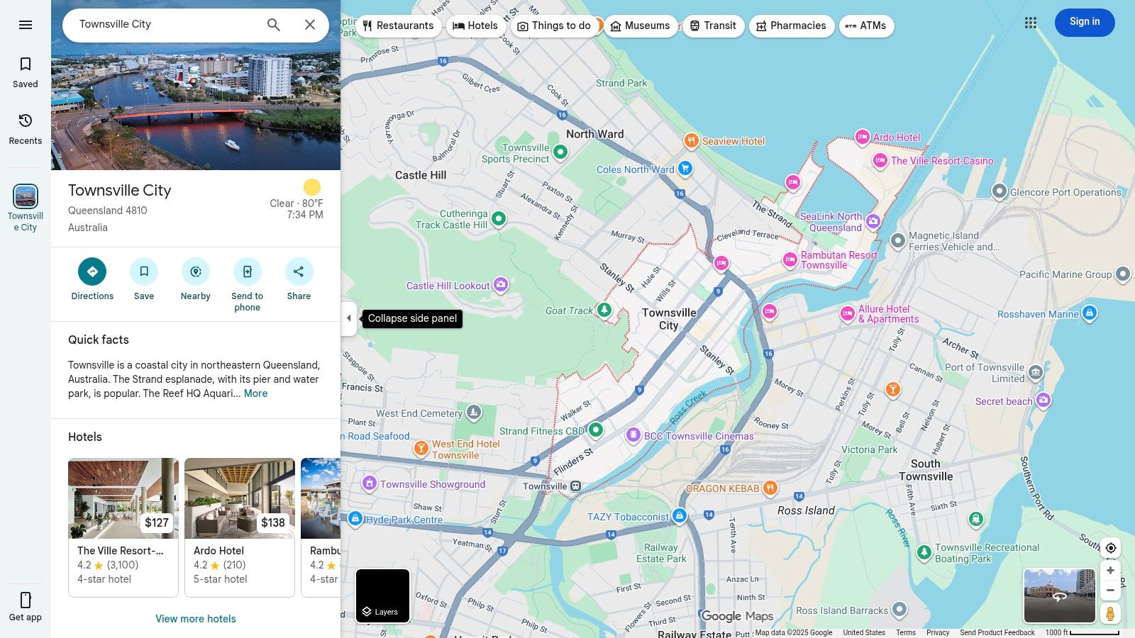 A screenshot of Google Maps showing restaurant listings in Townsville