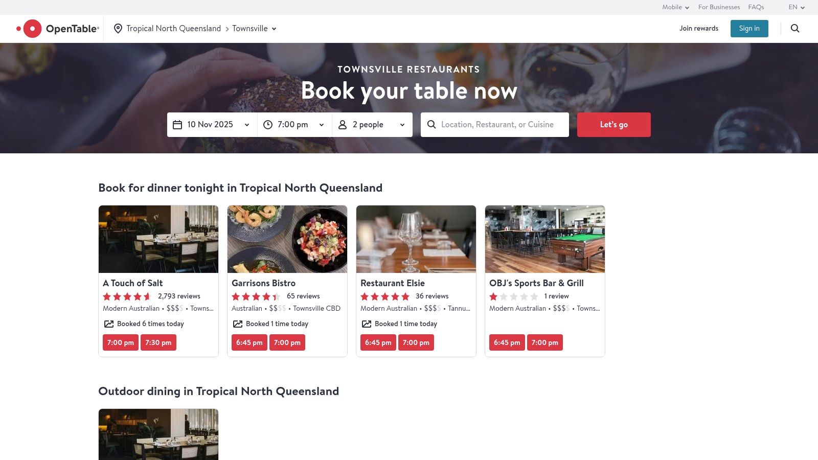 OpenTable – Townsville (Instant Reservations)