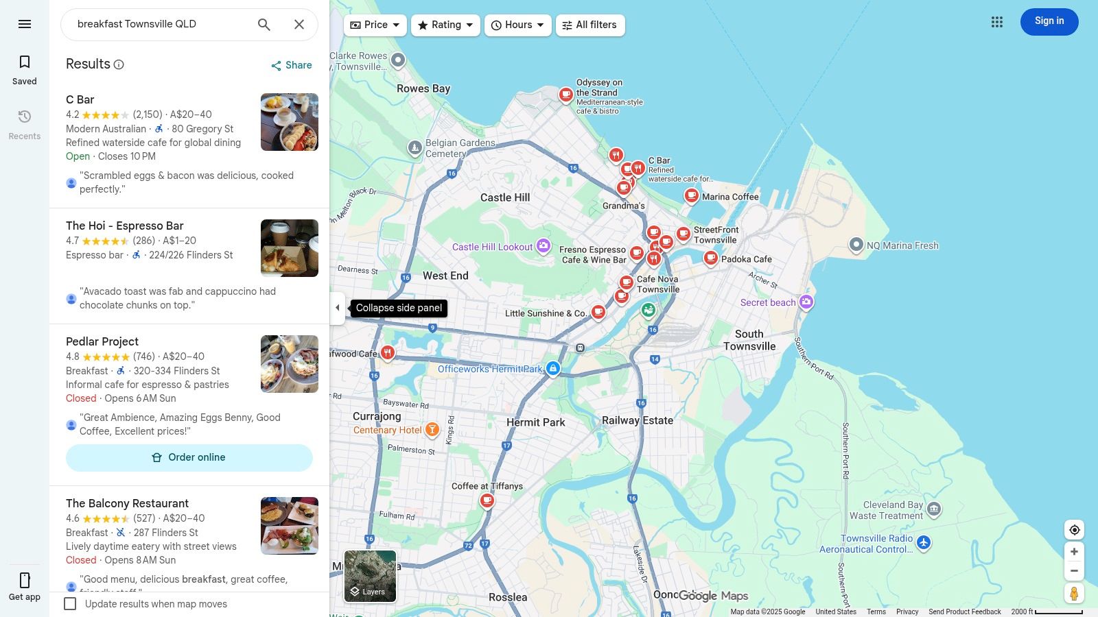 Google Maps interface showing breakfast places in Townsville