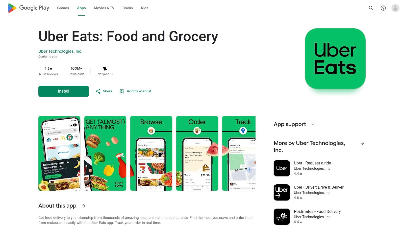 Google Play (Uber Eats Android listing)