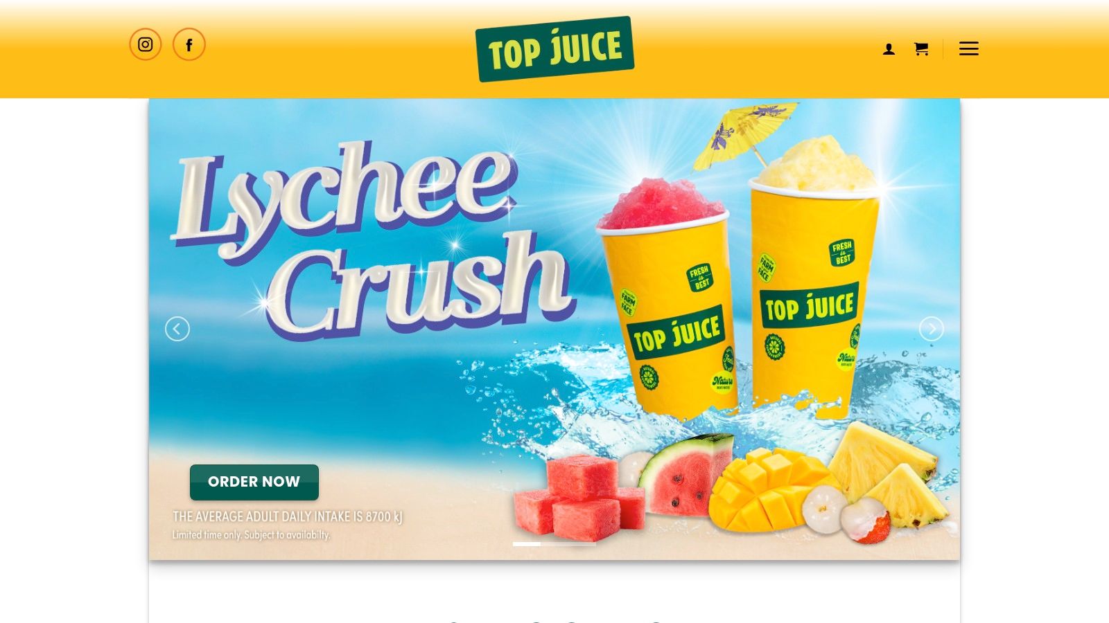 Screenshot of the Top Juice website homepage featuring vibrant images of fresh juices and fruits