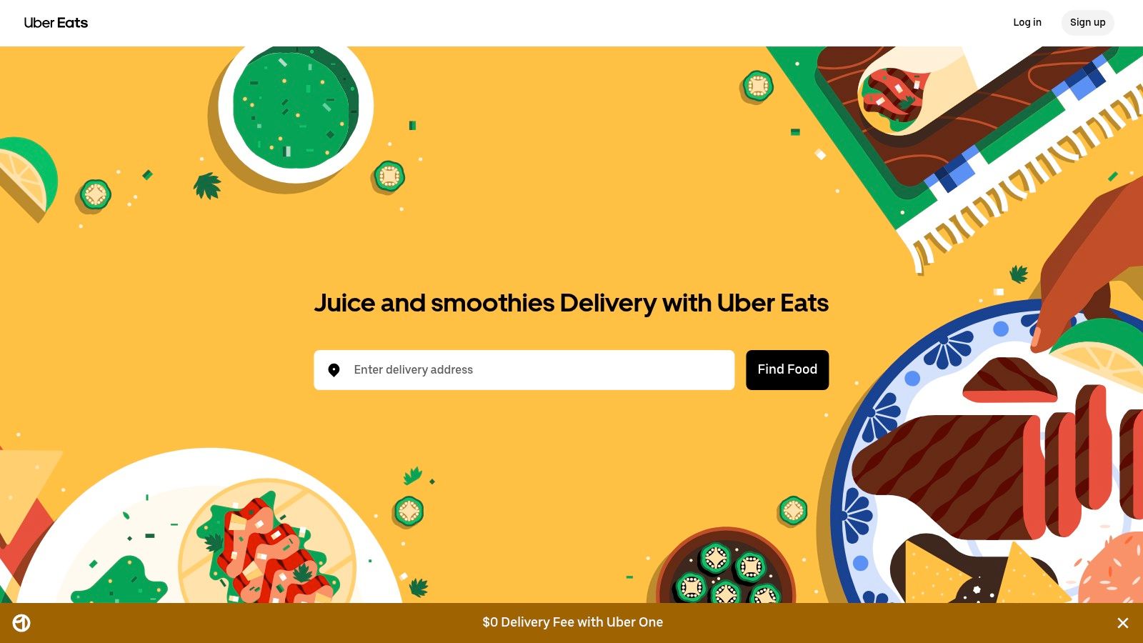A person ordering a smoothie on the Uber Eats app on their phone, with the app interface showing a "Juice and Smoothies" category and various local options.
