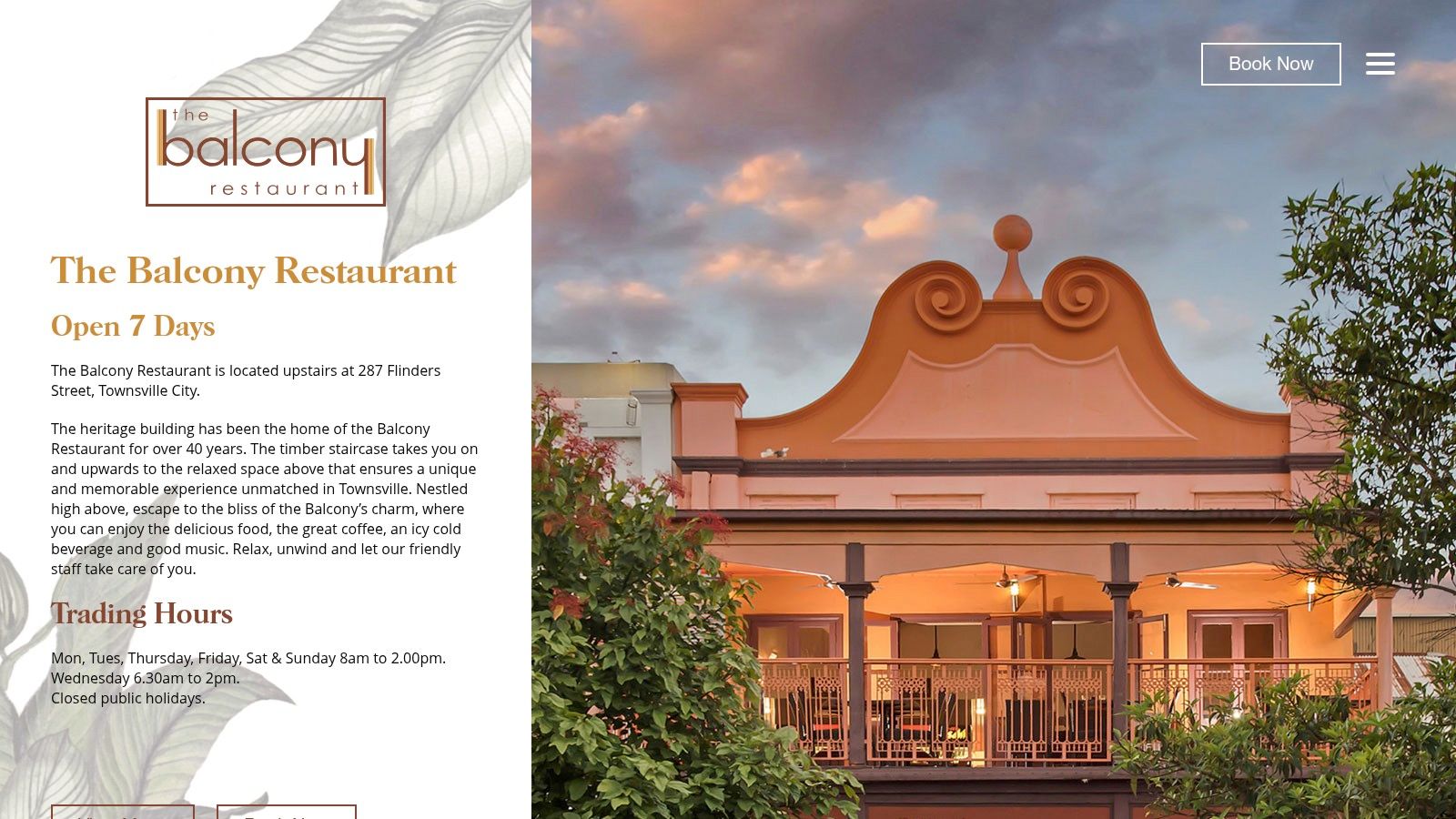 A view of The Balcony Restaurant building in Townsville, showing its charming architecture.