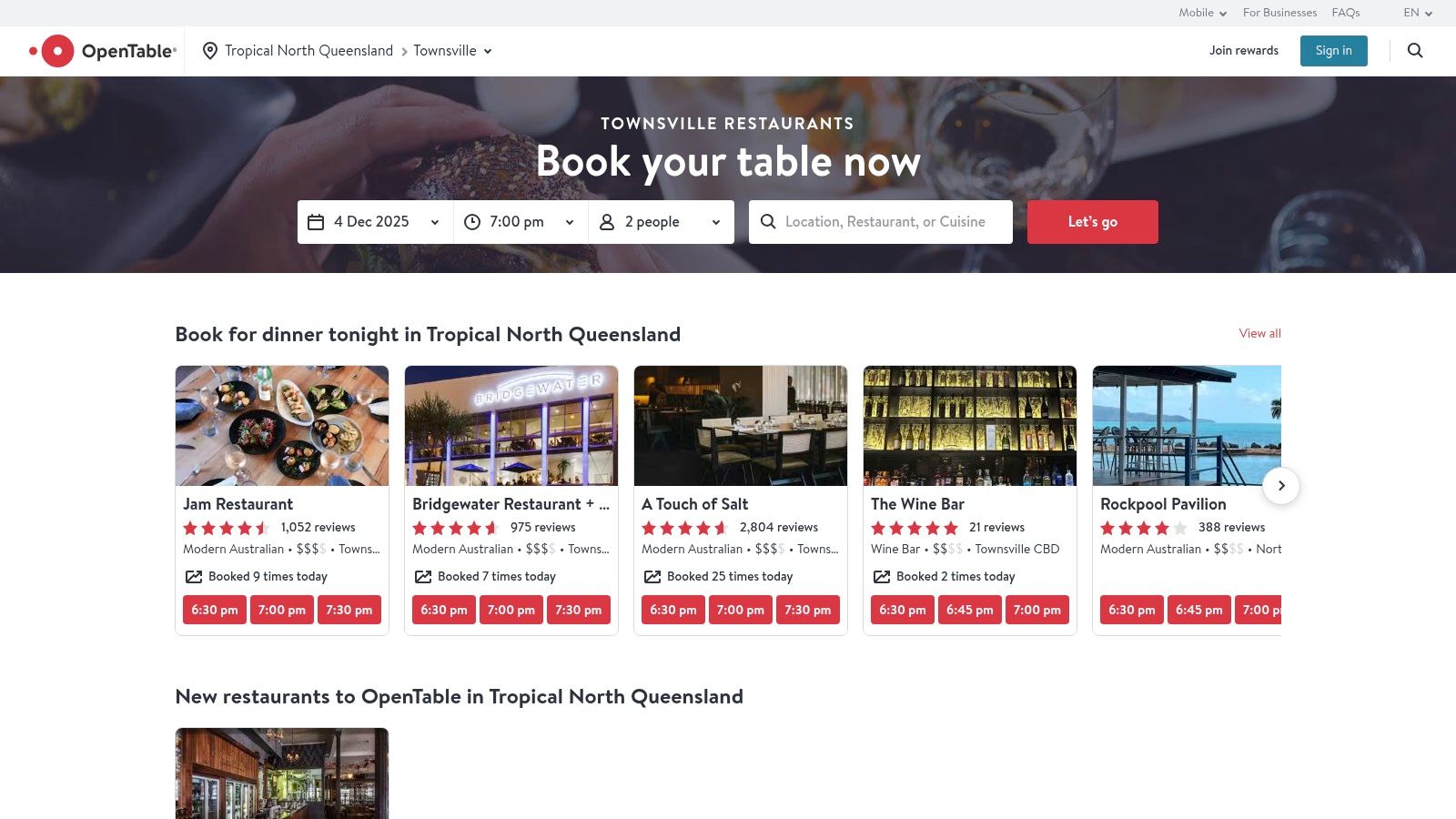OpenTable – Townsville (Tropical North QLD)
