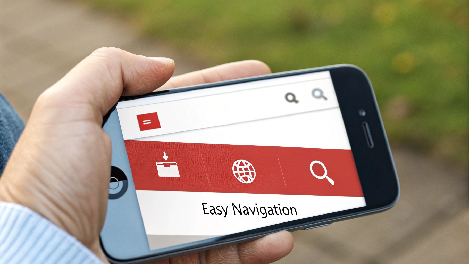Hand holding a smartphone displaying an application screen with 'Easy Navigation' text and various icons.