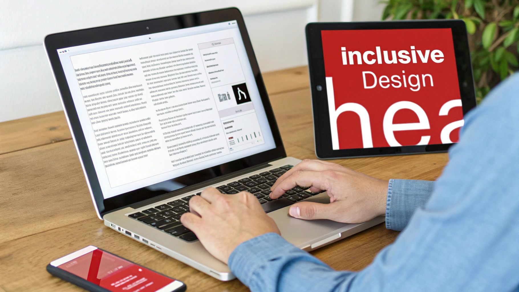 A person types on a laptop next to a tablet displaying 'Inclusive Design' and a smartphone.