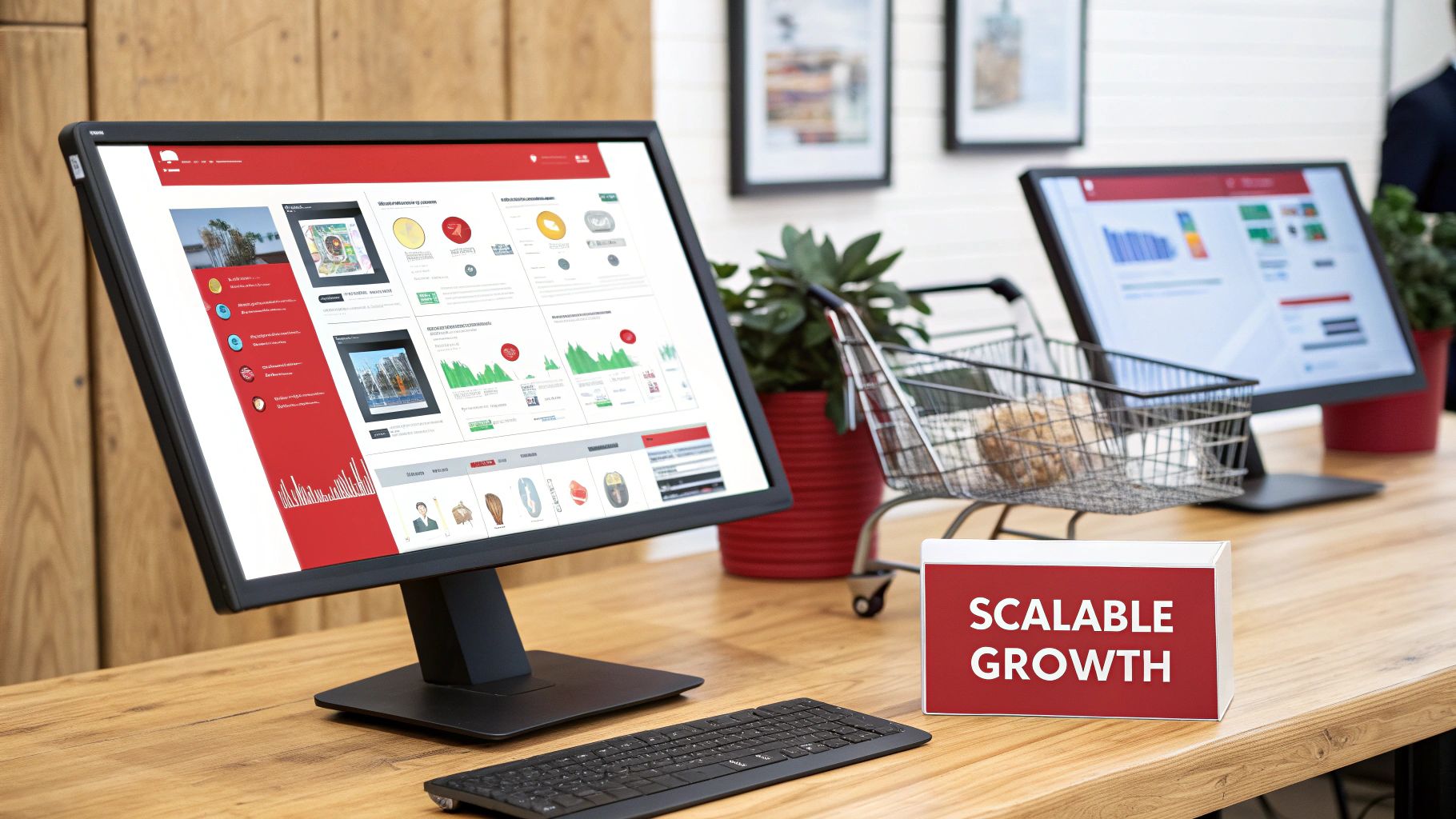 A desk with two computer monitors displaying data dashboards, a shopping cart, and a "SCALABLE GROWTH" sign.