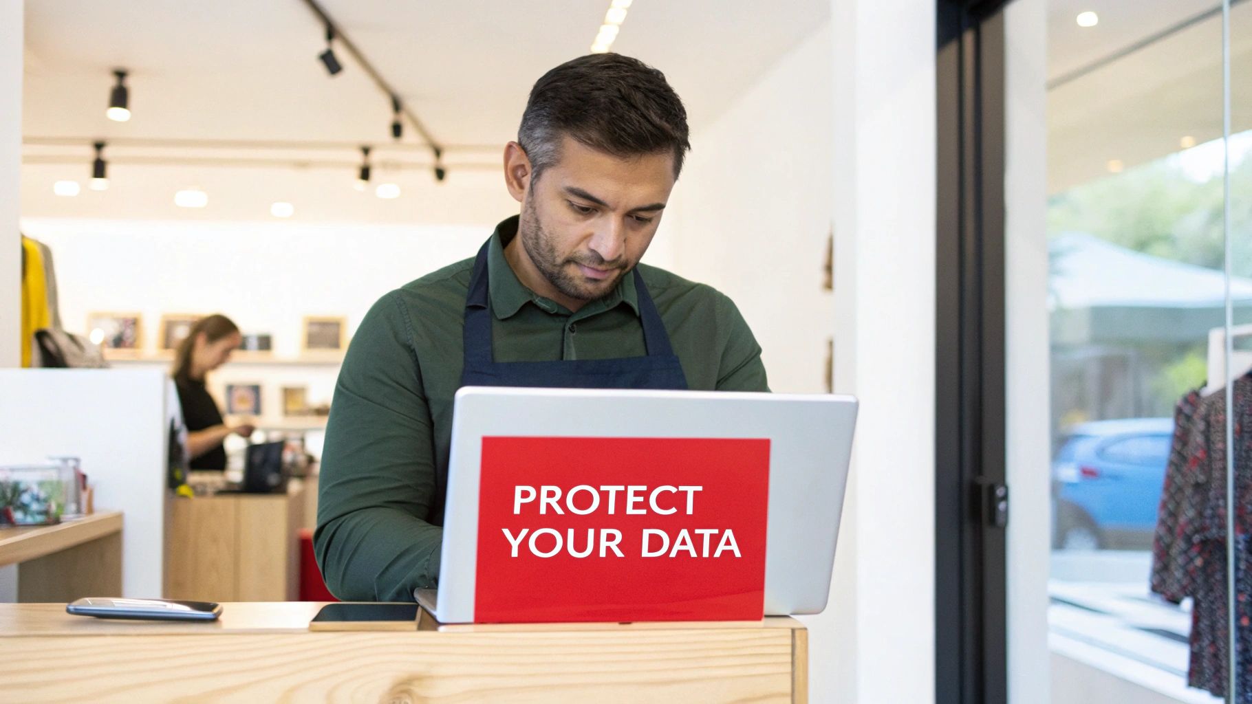 Man in apron working on a laptop with "Protect Your Data" message in a store.