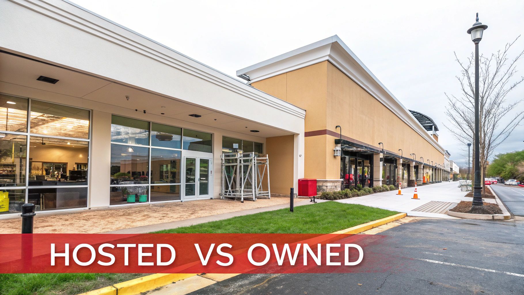 A modern commercial shopping center building with storefronts, a sidewalk, street, and parking lot.