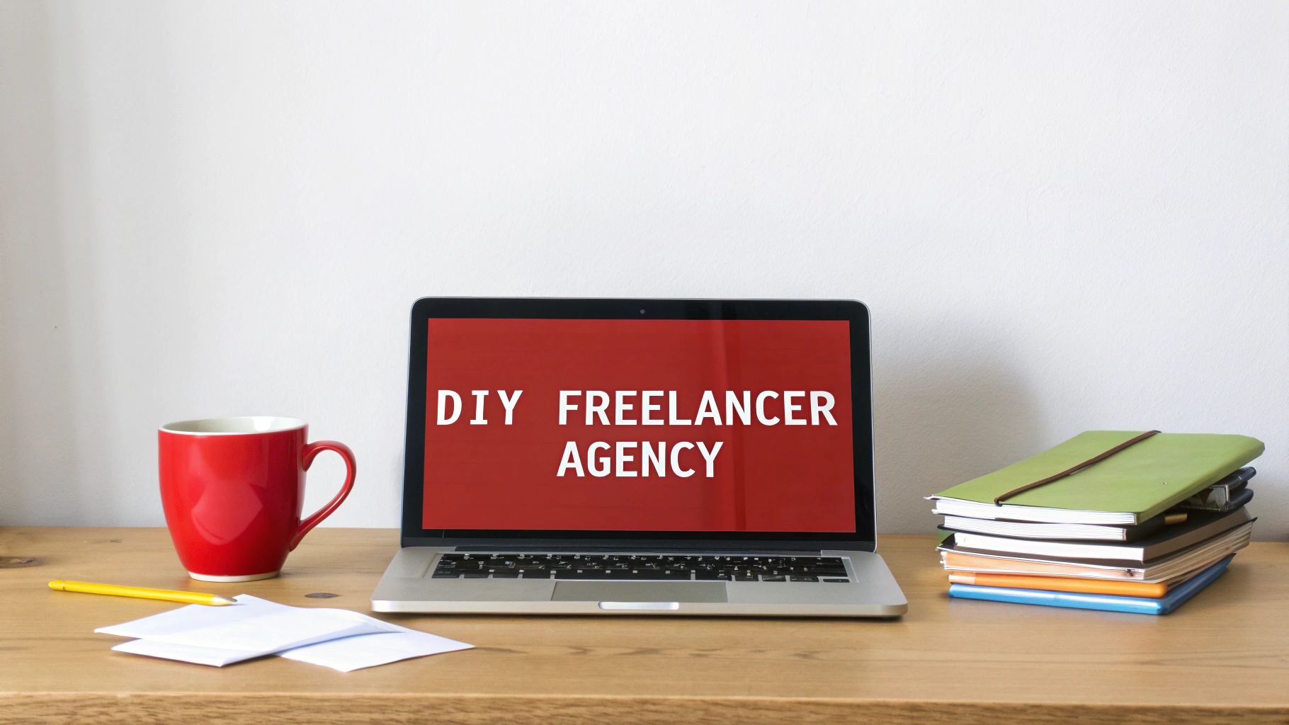 A laptop showing 'DIY FREELANCER AGENCY' on screen, a red mug, and stacked notebooks on a wooden desk.