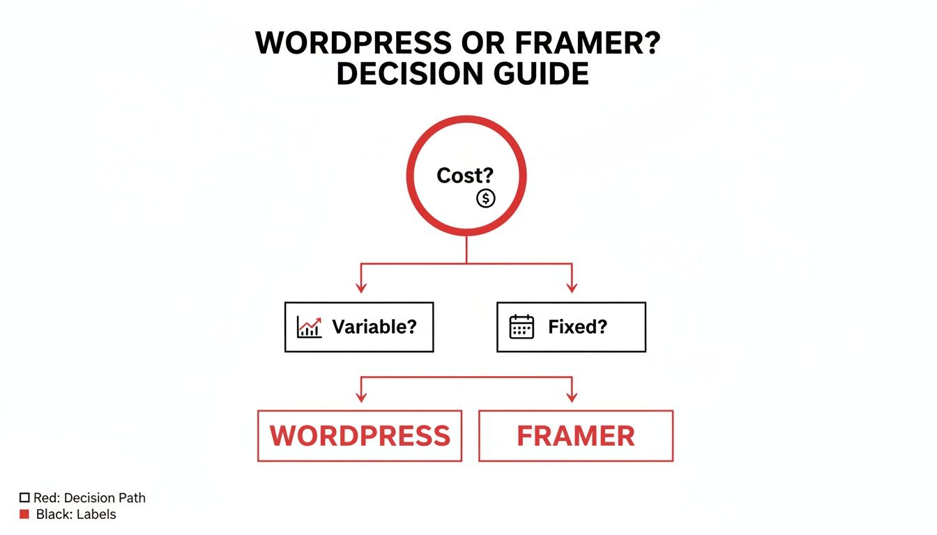 Decision guide flowchart comparing WordPress and Framer based on whether costs are variable or fixed.