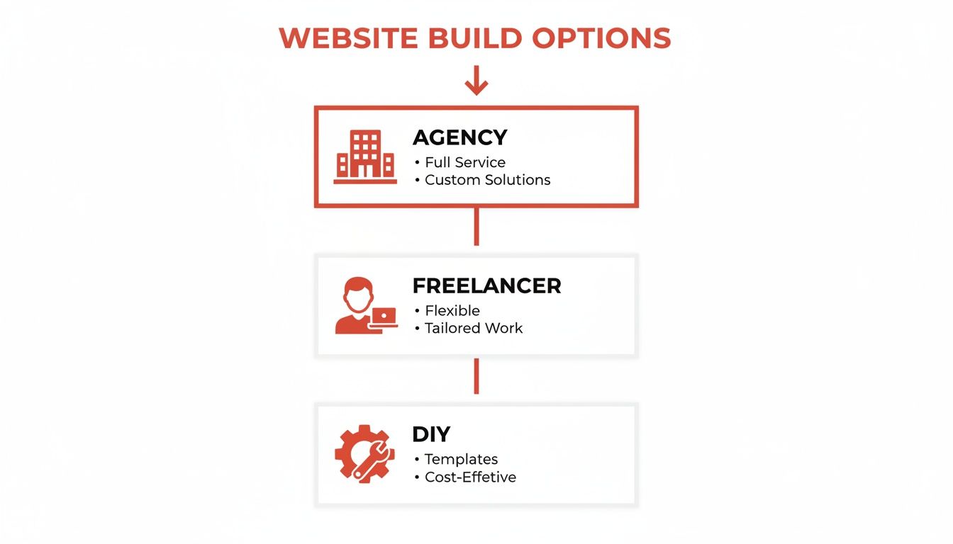 Flowchart illustrating website build options: Agency (full service), Freelancer (flexible), and DIY (templates).