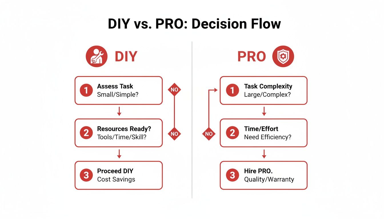 Flowchart comparing DIY vs. professional task execution based on complexity, resources, and desired outcomes.