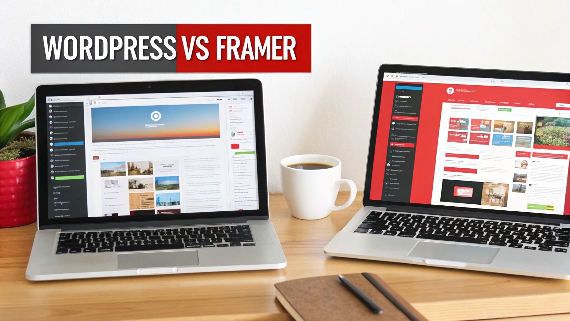 Two laptops on a wooden desk displaying WordPress and Framer website interfaces, with a coffee mug.