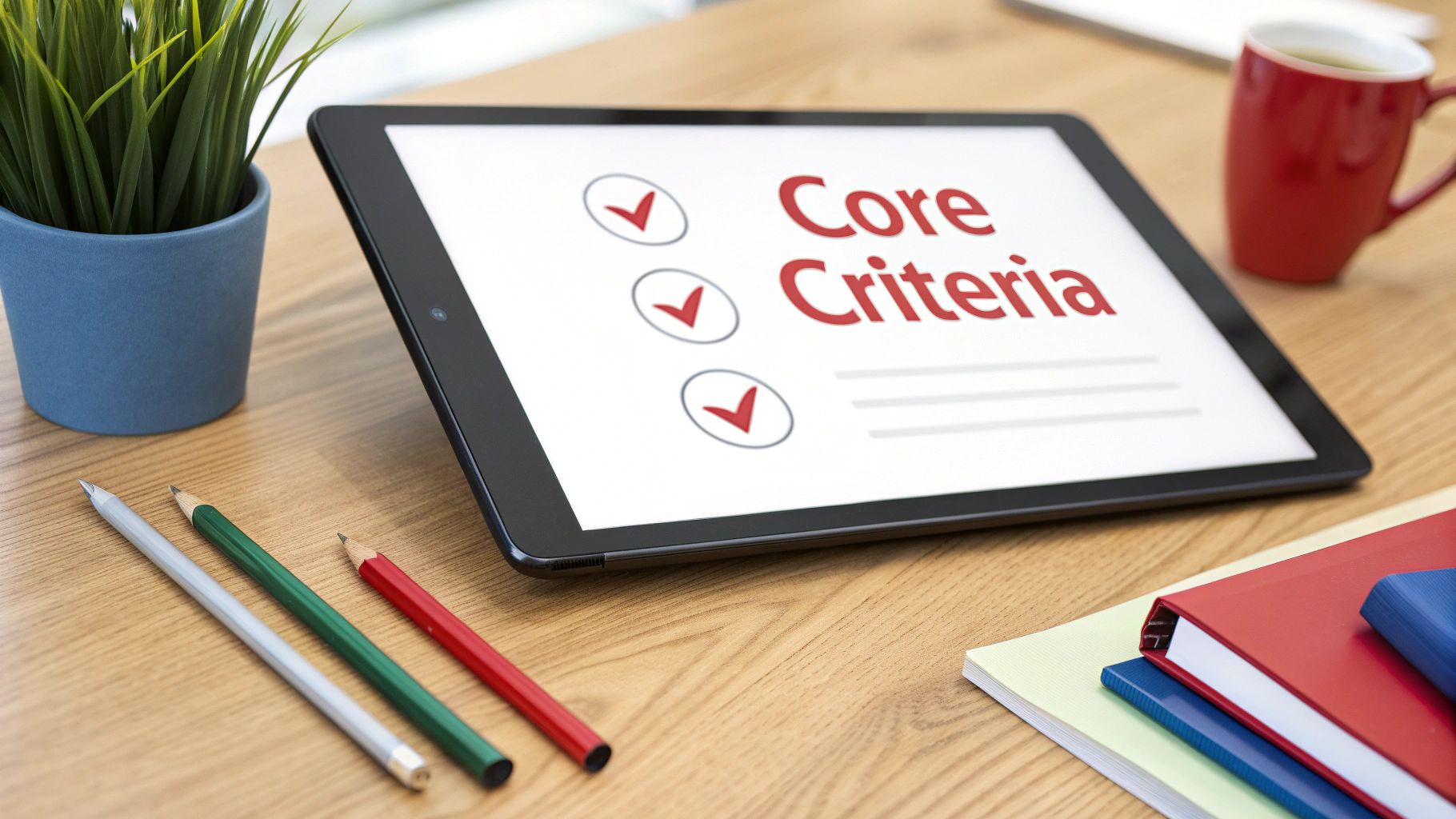 Digital tablet displaying 'Core Criteria' checklist on a wooden desk with office supplies.