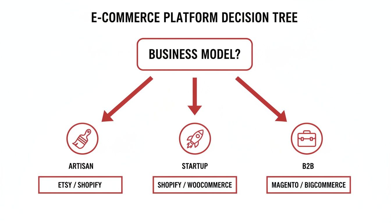 E-commerce platform decision tree illustrating recommended platforms for Artisan, Startup, and B2B business models.