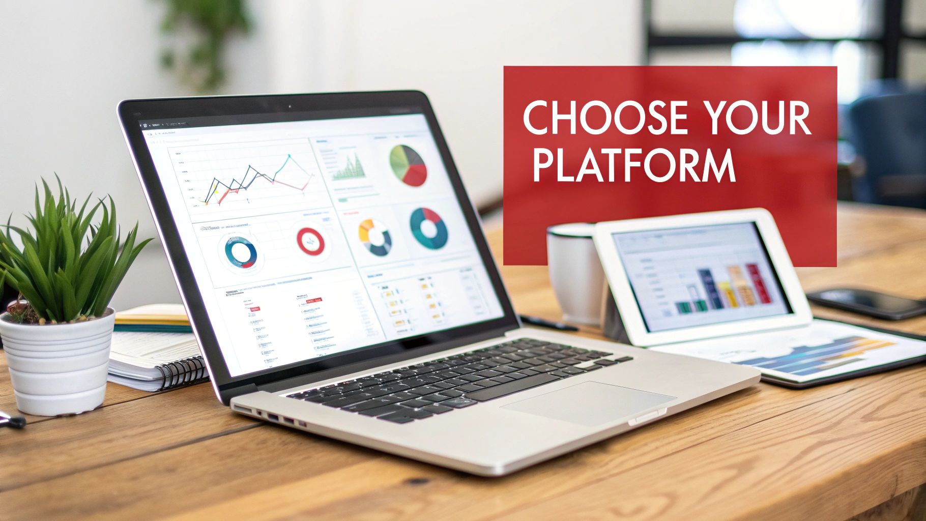 A laptop and tablet display business dashboards with charts and graphs on a wooden desk.