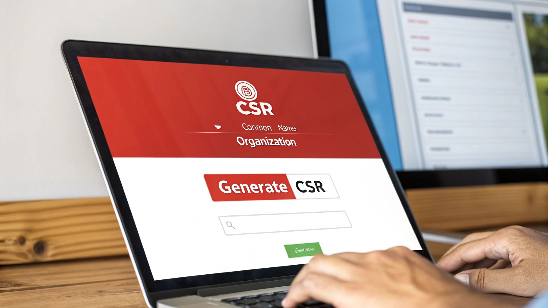 A person typing on a laptop displaying a 'Generate CSR' form for an SSL certificate.