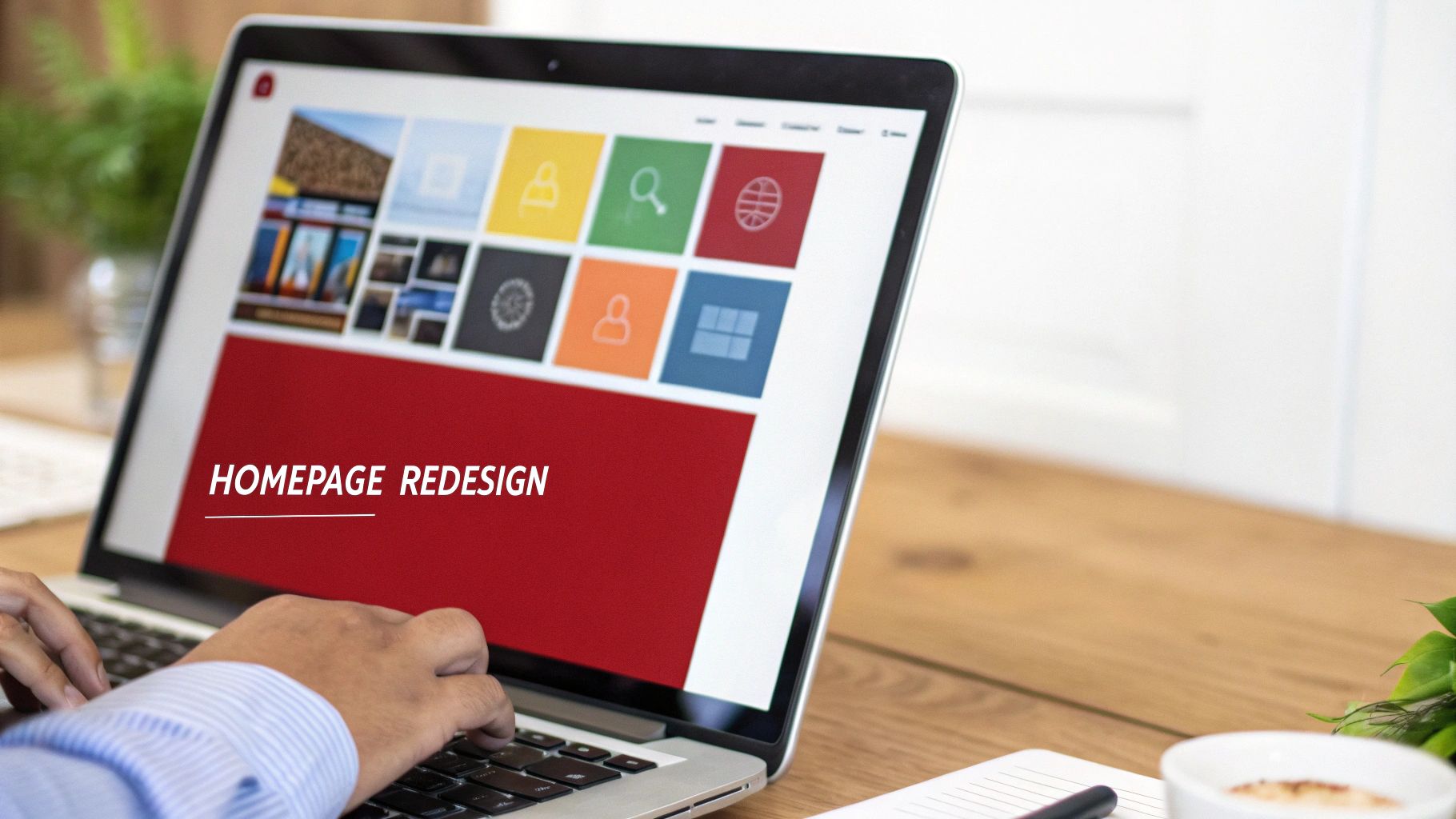 Person typing on a laptop displaying a website homepage redesign concept with colorful icons.