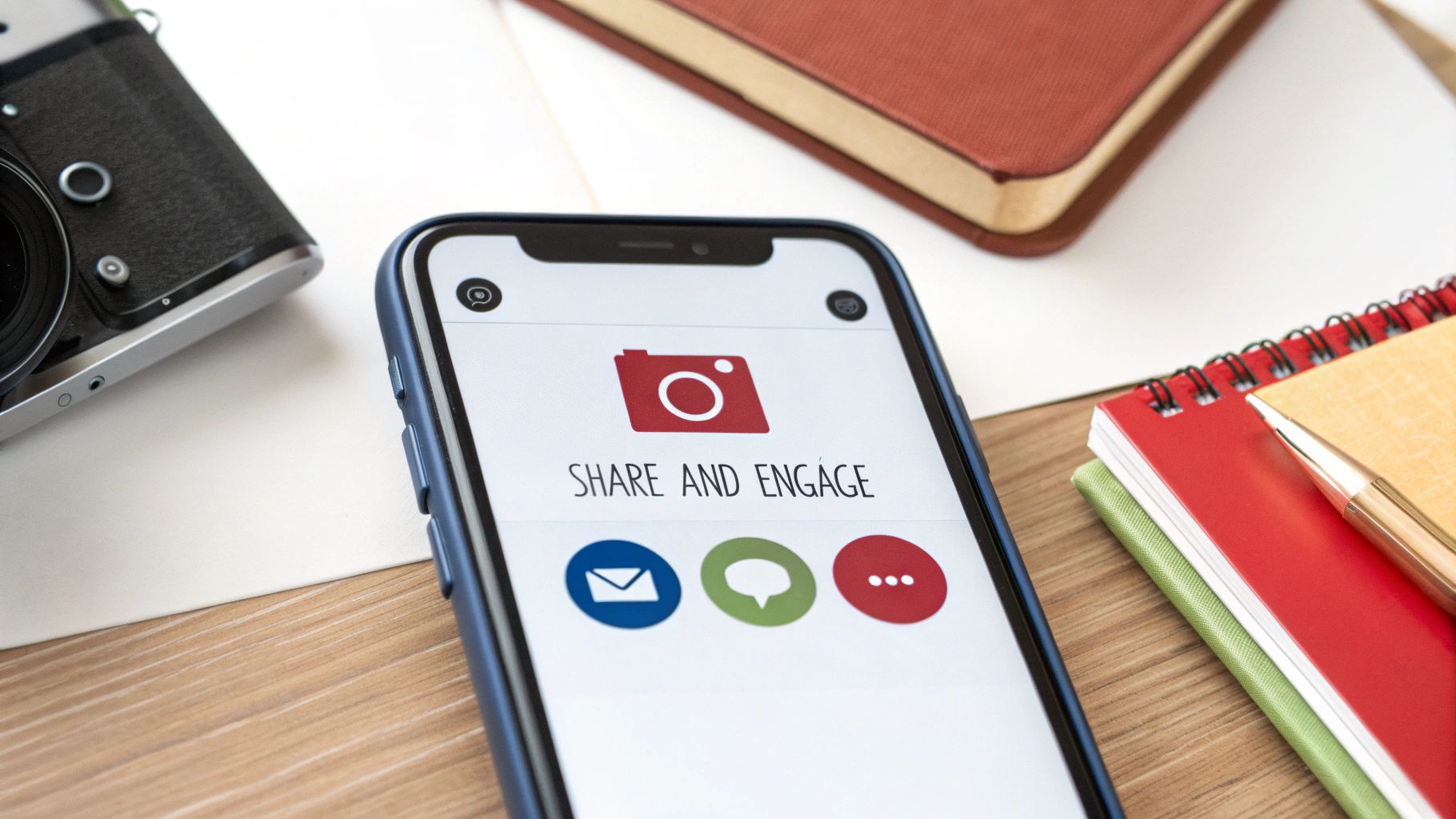 A smartphone screen shows 'SHARE AND ENGAGE' with social media icons, near a vintage camera and notebooks.