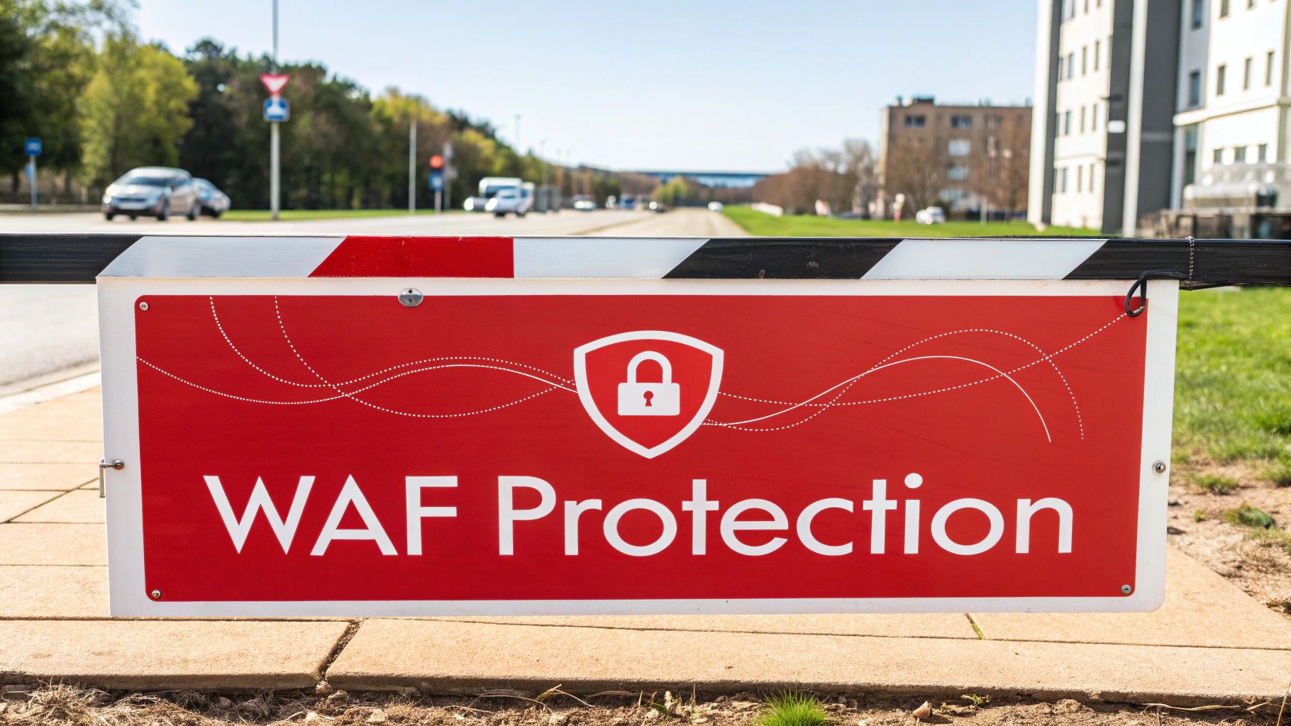 A red sign on a security barrier displays 'WAF Protection' with a padlock icon on a street.
