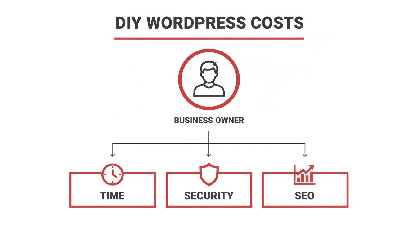 Diagram illustrating DIY WordPress costs for a business owner, highlighting time, security, and SEO implications.