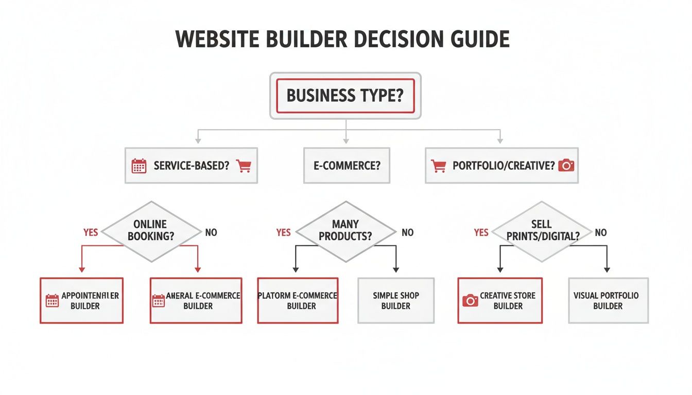 A flowchart decision guide helping users choose the best website builder based on their business type and specific needs.