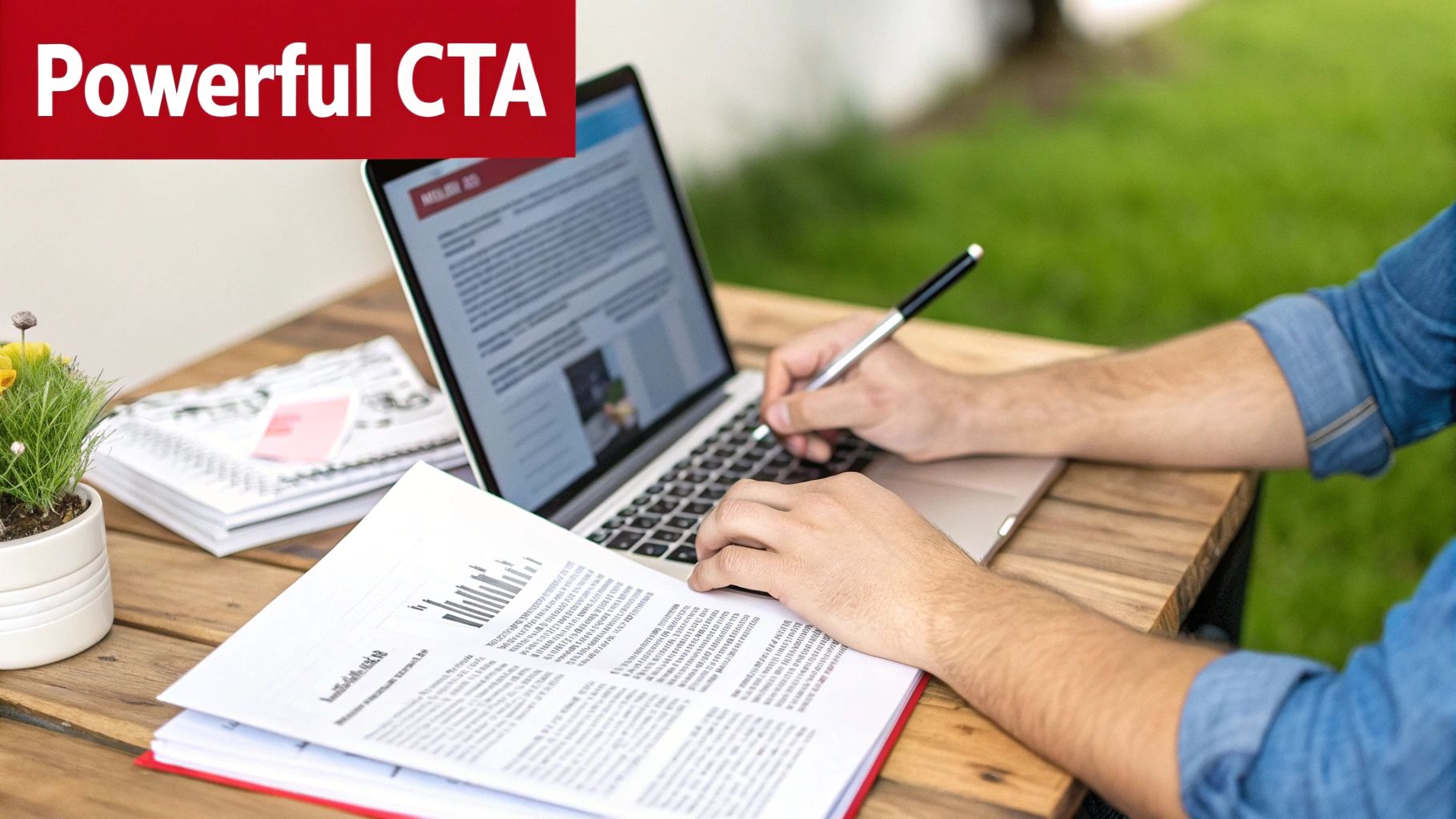 Outdoor workspace with a person working on a laptop and documents, featuring a 'Powerful CTA' banner.