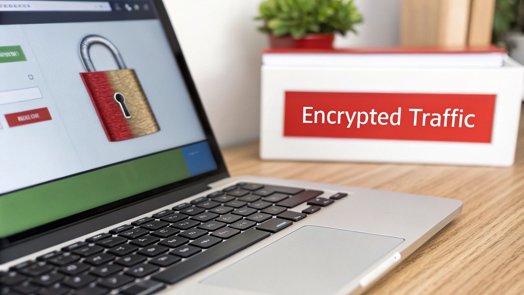 A laptop screen showing a padlock symbol, with a white box labeled 'Encrypted Traffic' in the background.