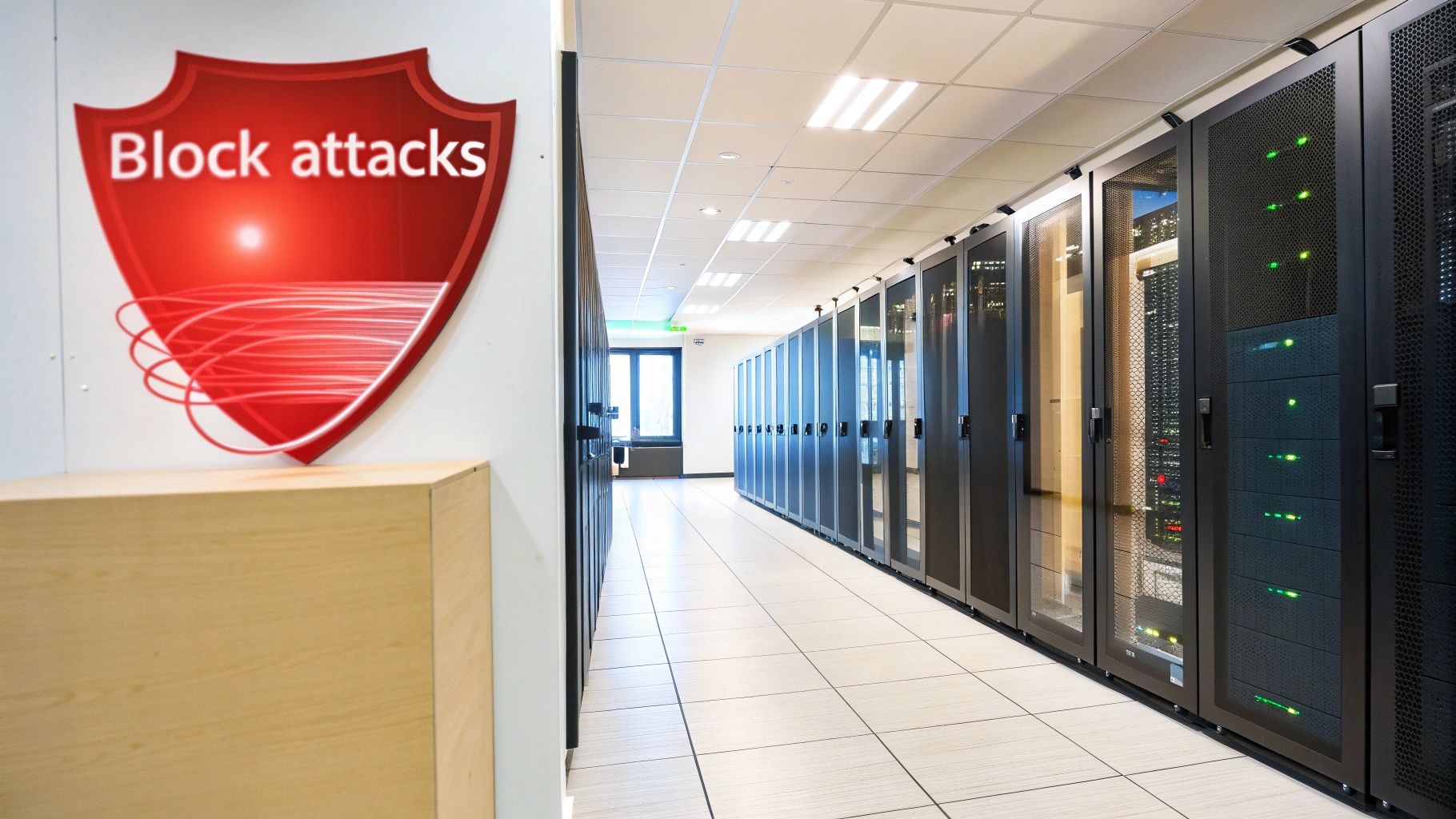 A data center aisle with rows of server racks and a red shield logo displaying 'Block attacks'.