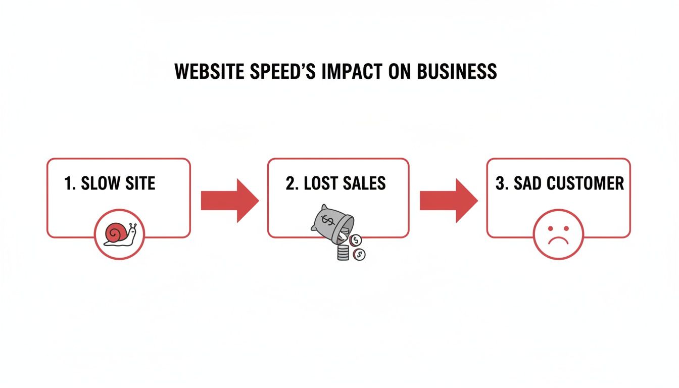 Diagram showing how slow website speed leads to lost sales and sad customers, impacting business.