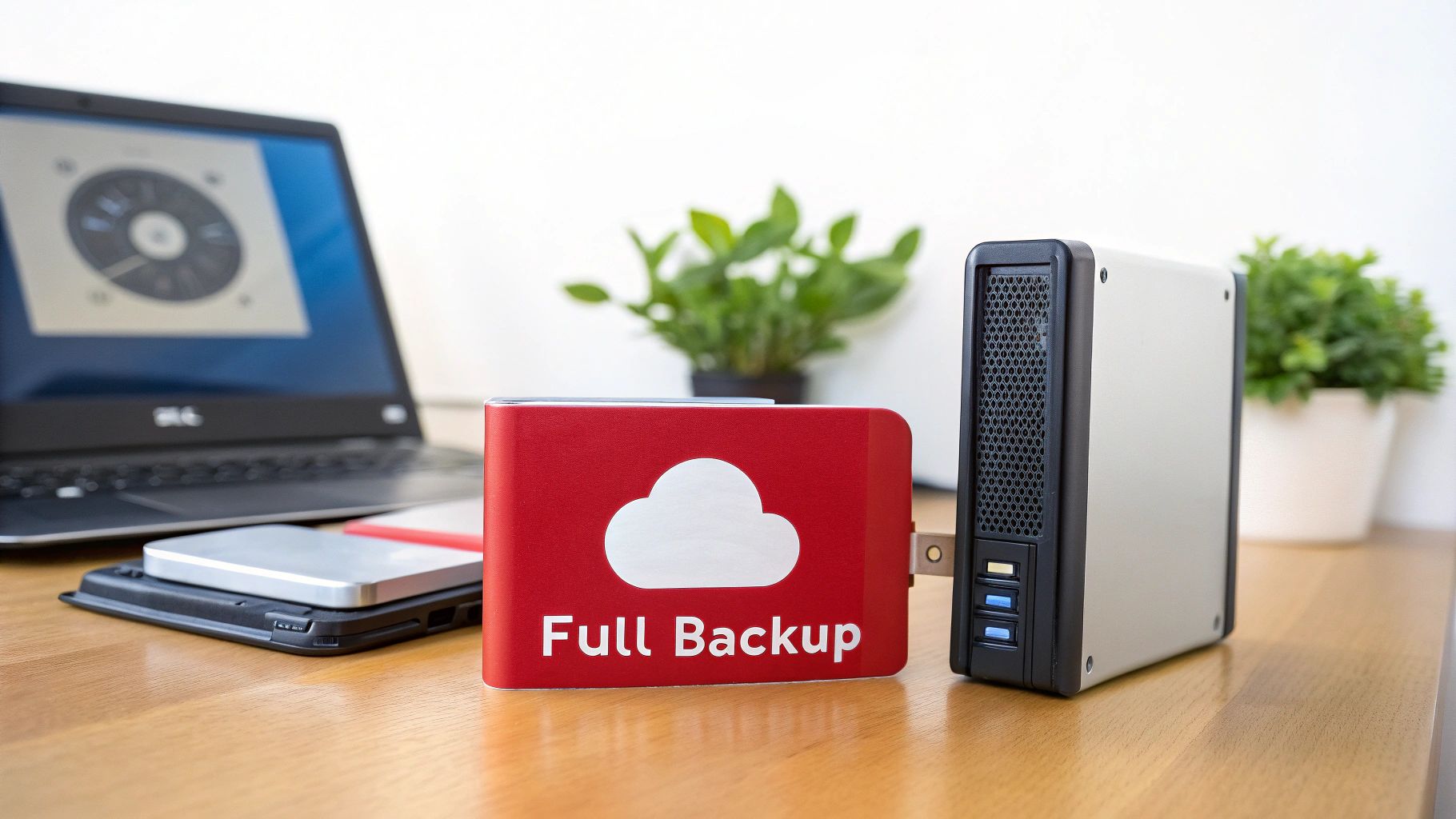 A laptop, a red external hard drive with 'Full Backup' text, and another storage device on a wooden desk.