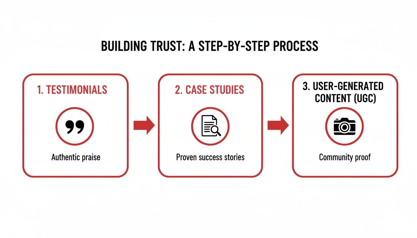 Diagram illustrating a three-step process for building trust: Testimonials, Case Studies, and User-Generated Content.
